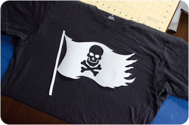 Jolly Roger pirate flag stencil on tee shirt for DIY bleach pirate tee shirt